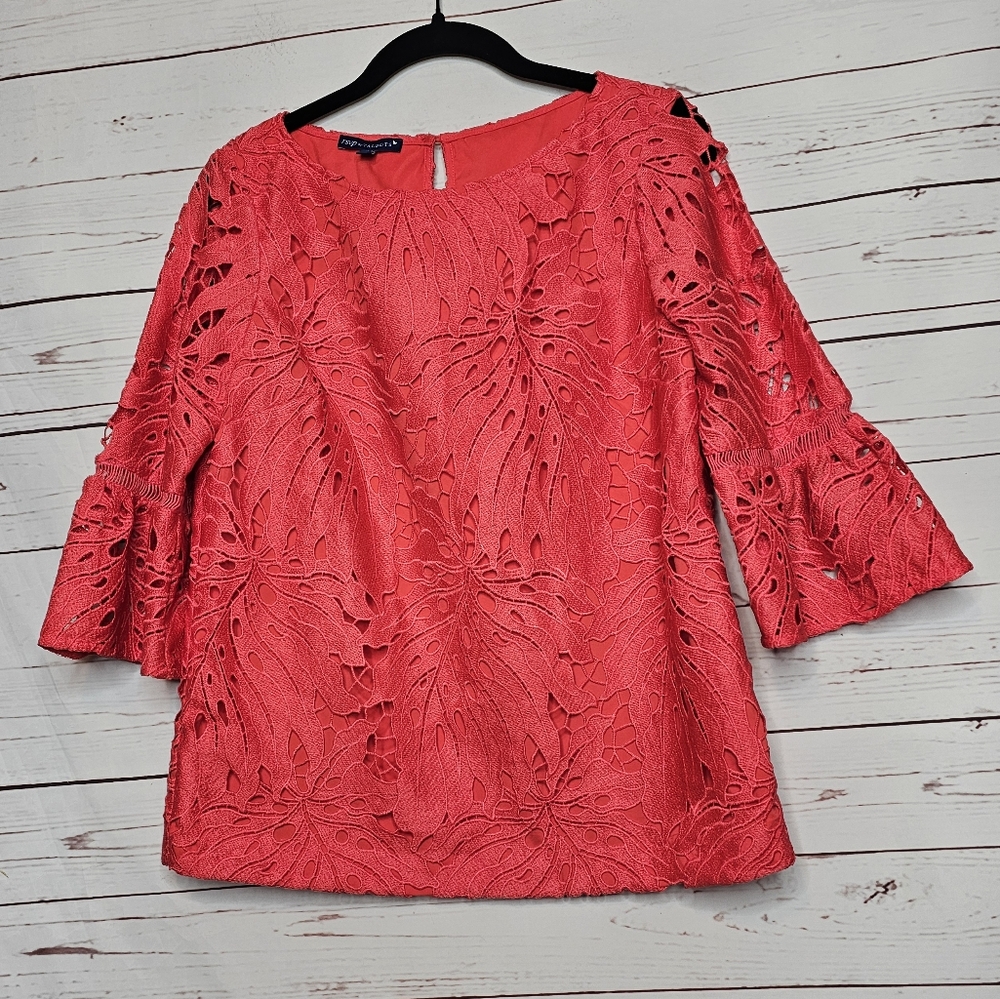 RSVP by Talbots Coral Lace Overlay Bell Sleeve Top